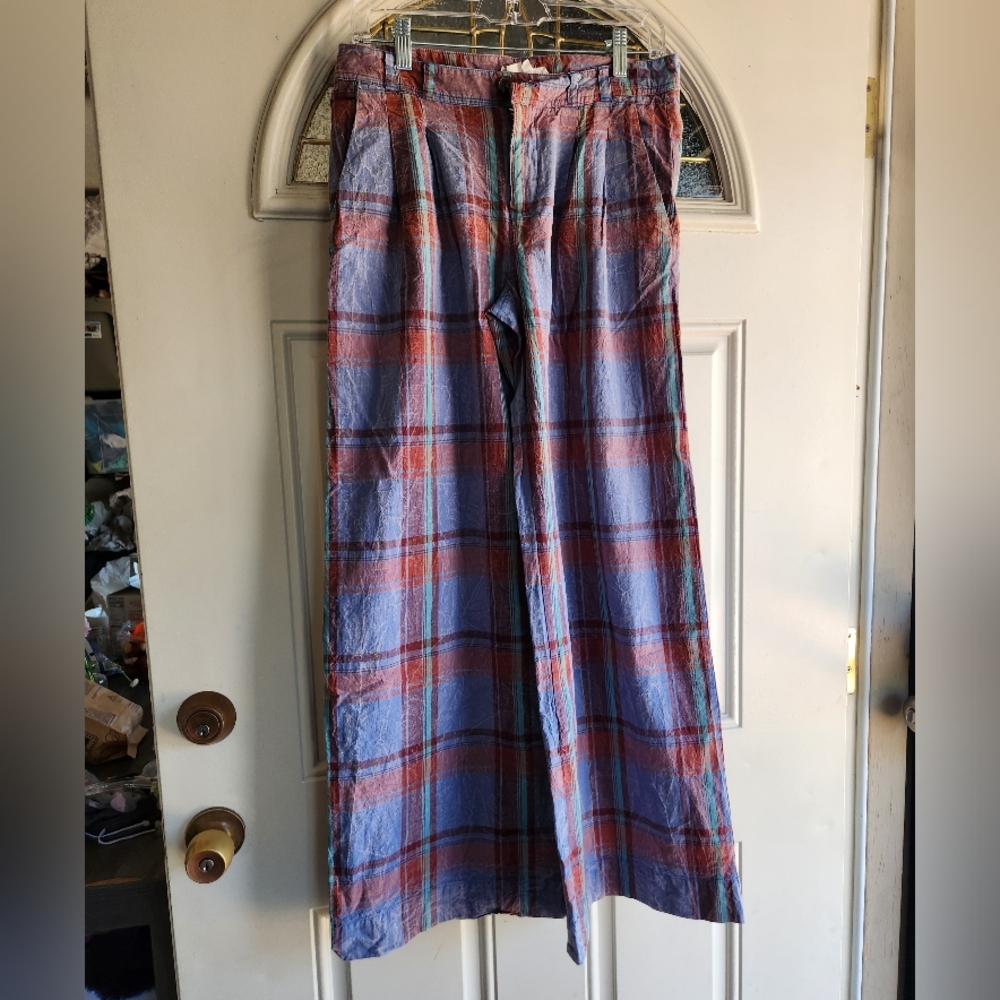 ANTHROPOLOGIE Womens Plaid Blue Red Wide Leg Pants Size 4 Pockets Chic Stylish